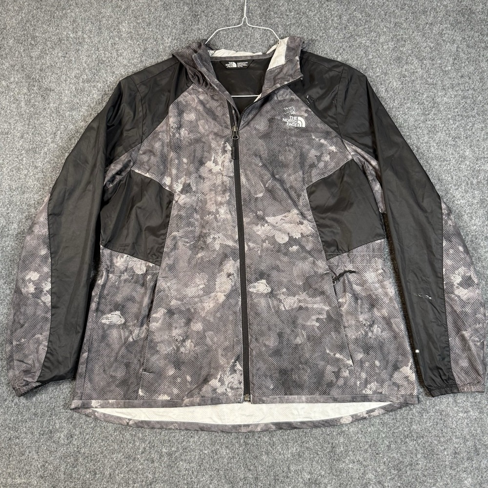 🏔️ The North Face Womens XL Windbreaker Jacket Gray Floral Hooded Full Zip Coat